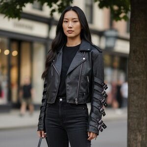 Cropped PU Faux Leather Moto Jacket with Buckle Strap Sleeves Punk Goth